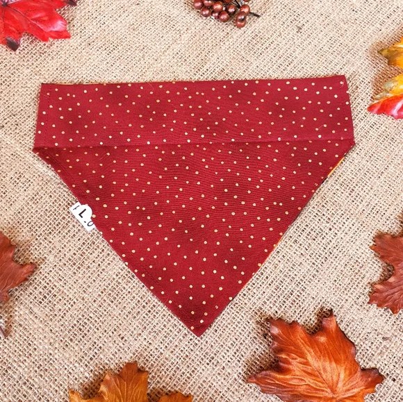 🐶 5 for $15 * Pablo Fall Autumn Leaves/Red Gold Dots Cotton Dog Bandana - Picture 7 of 9